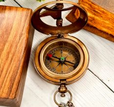 Brass Pocket Compass with Chain and Wooden Box